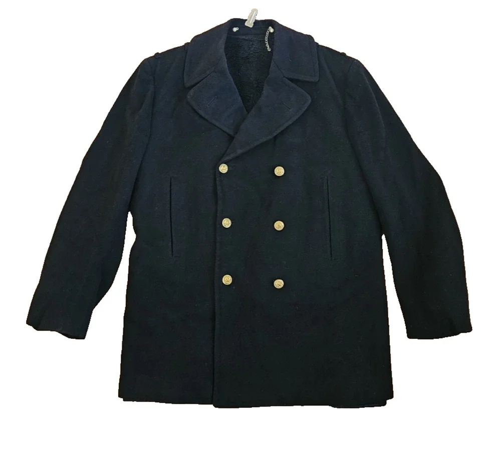 US Naval Academy USN Wool PeaCoat Sz 44 Black Lined Pea Coat Thorngate 1980s